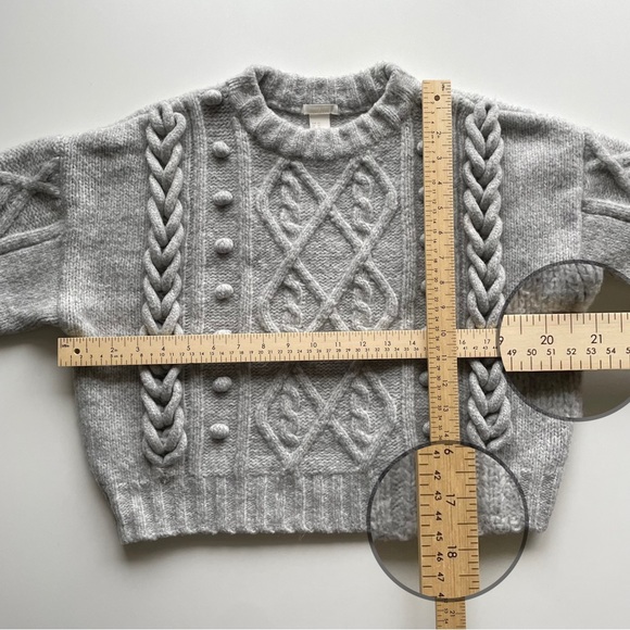 H&M Boxy Gray Cable Popcorn Chunky Knit Oversized Crewneck Wool Blend Sweater XS - Picture 8 of 10